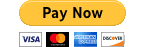 A yellow banner with the words pay now and mastercard logos.