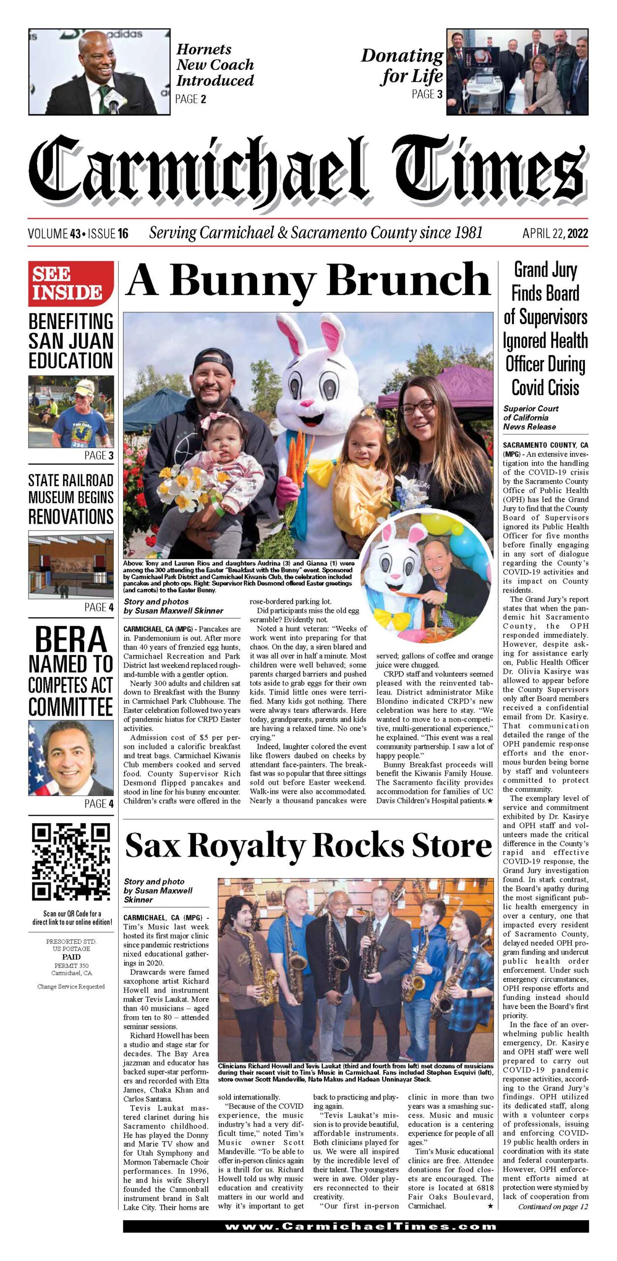 A newspaper with a picture of people and an easter bunny.