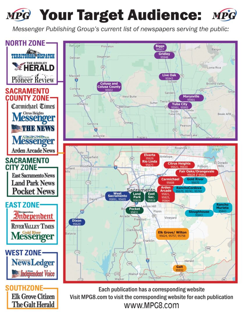 Map showing Messenger Publishing Group's newspaper zones and target audiences.